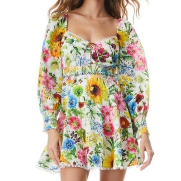 ALICE + OLIVIA | Crawford Sweetheart Mini Dress Smocked Puffed Sleeve | Size 12 - Picture 1 of 11